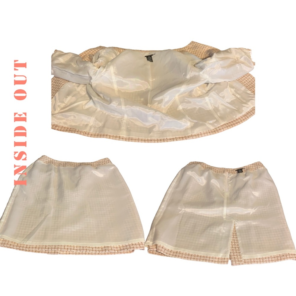 SANDRA PINK & BEIGE TWEED SKIRT SUIT WITH GROSGRAIN RIBBON TRIM (12P) - Picture 12 of 15